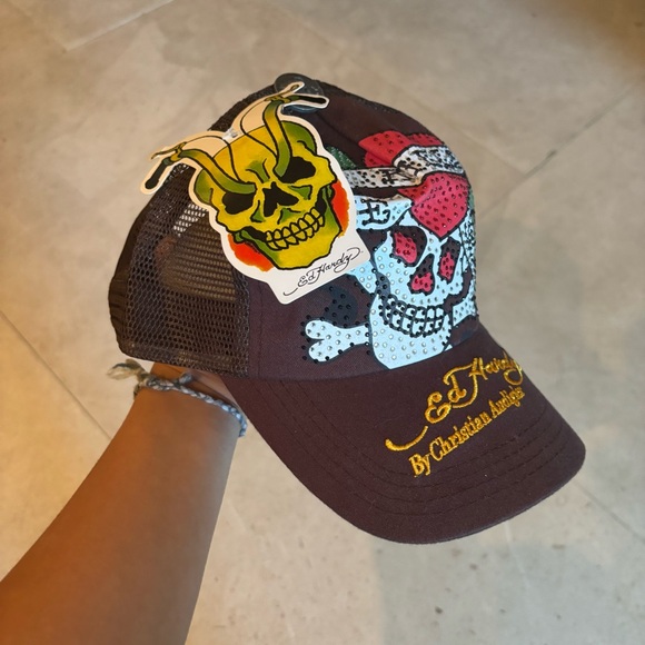 NWT Vintage Y2K Ed Hardy Trucker Hat Rhinestone Mesh Skull Brown Snap Back Red - Picture 1 of 9